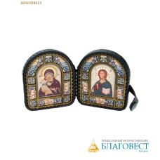 Складень кожаный Пресвятая Богородица «Владимирская» - Спаситель, размер 7х8,5см (в раскрытом виде 14,3см), дерево