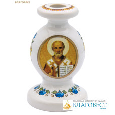 Подсвечник с ликом Святителя Николая Чудотворца, высота 5,5см, диаметр отверстия 8мм, керамика