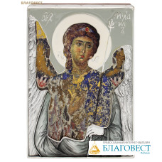 Икона в окладе Архангел Михаил, Сил Небесных воевода, дерево, эмаль, серебрение