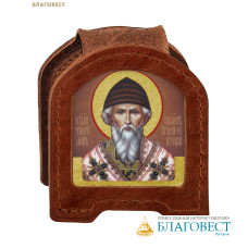 Икона дорожная раскладная Святитель Спиридон Тримифунтский (натуральная кожа). Цвет коньяк