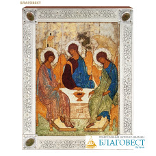 Икона в рамке Пресвятая Троица, дерево, краски, матовый лак, медь, камни, серебрение